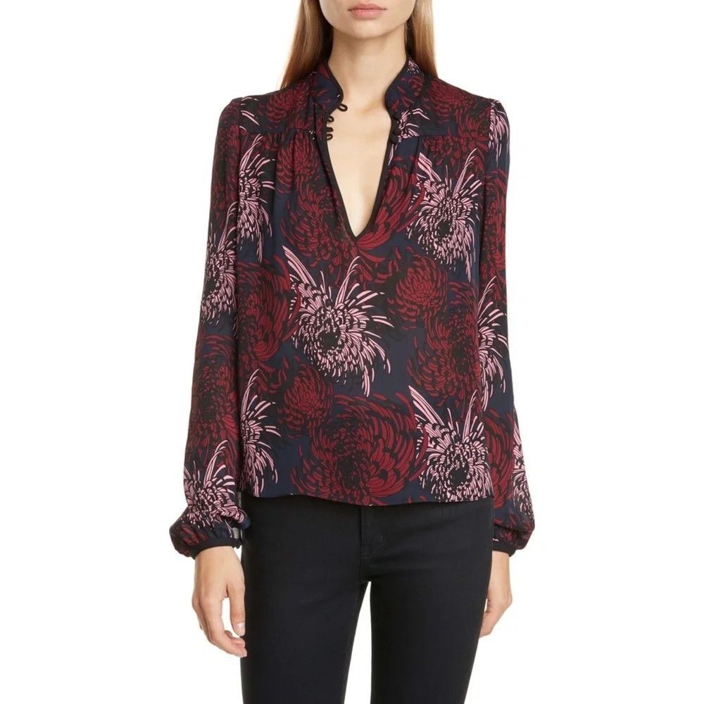 A.L.C. Beatrix Blouse 10 Blue Collared Long Sleeve Silk Floral Print Button Top